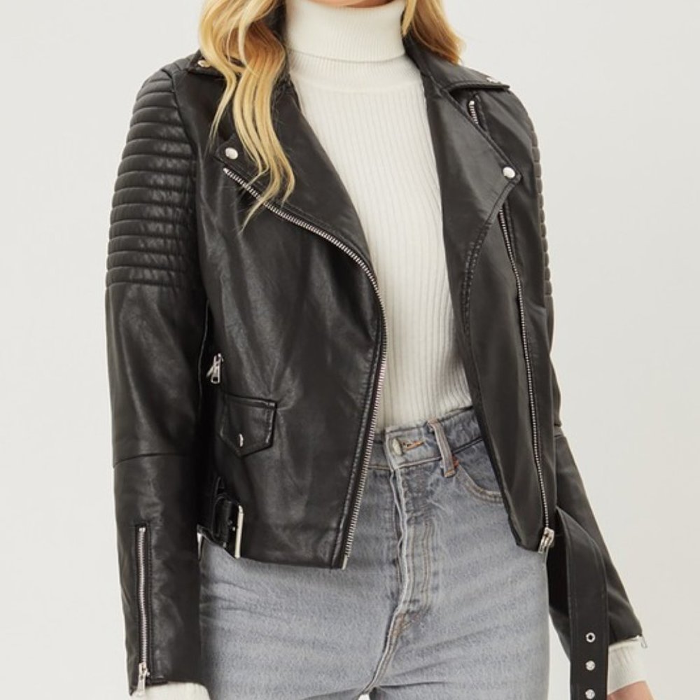 *RESTOCKED*  Faux Leather Biker Moto Jacket, Black